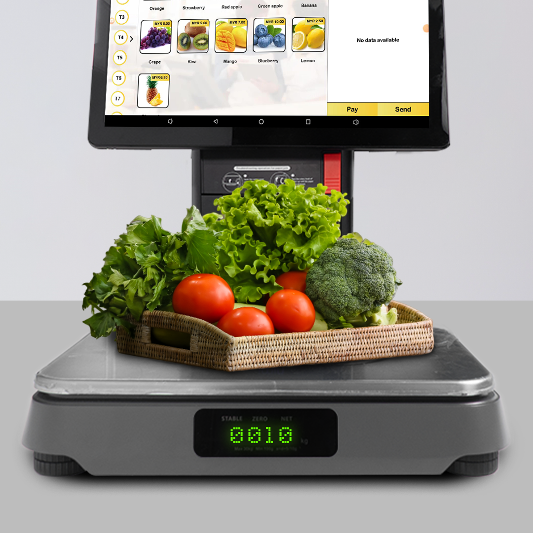 vegetables on weighing pos machine terminal device